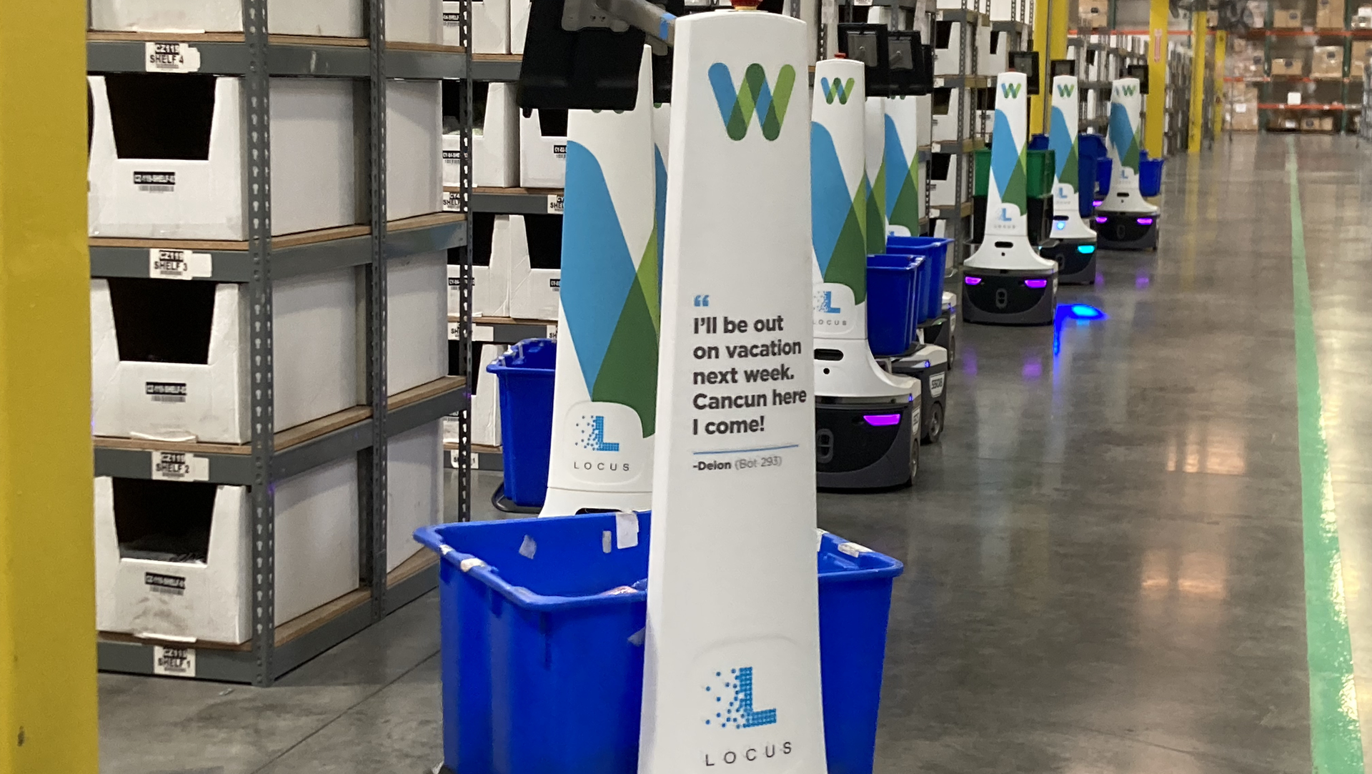 Robots operating in a Whiplash warehouse.