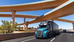 A Torc Robotics-powered Freightliner Cascadia drives through Albuquerque, New Mexico. A Torc Robotics-powered Freightliner Cascadia drives through Albuquerque, New Mexico.