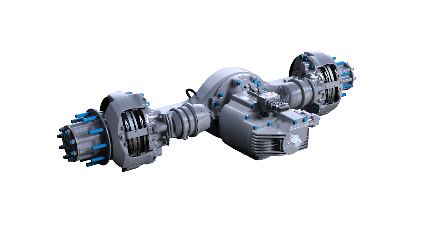 Meritor is developing three different electric powertrain platforms: the 12Xe, 14Xe, and 17Xe. The 12Xe is focused on Class 4-5 vehicles; the 14Xe (pictured here) is for Class 6-7 vehicles, or Class 8 as a tandem; the 17Xe is for Class 8 single axle applications.