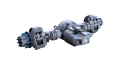 Meritor is developing three different electric powertrain platforms: the 12Xe, 14Xe, and 17Xe. The 12Xe is focused on Class 4-5 vehicles; the 14Xe (pictured here) is for Class 6-7 vehicles, or Class 8 as a tandem; the 17Xe is for Class 8 single axle applications. Meritor is developing three different electric powertrain platforms: the 12Xe, 14Xe, and 17Xe. The 12Xe is focused on Class 4-5 vehicles; the 14Xe (pictured here) is for Class 6-7 vehicles, or Class 8 as a tandem; the 17Xe is for Class 8 single axle applications.