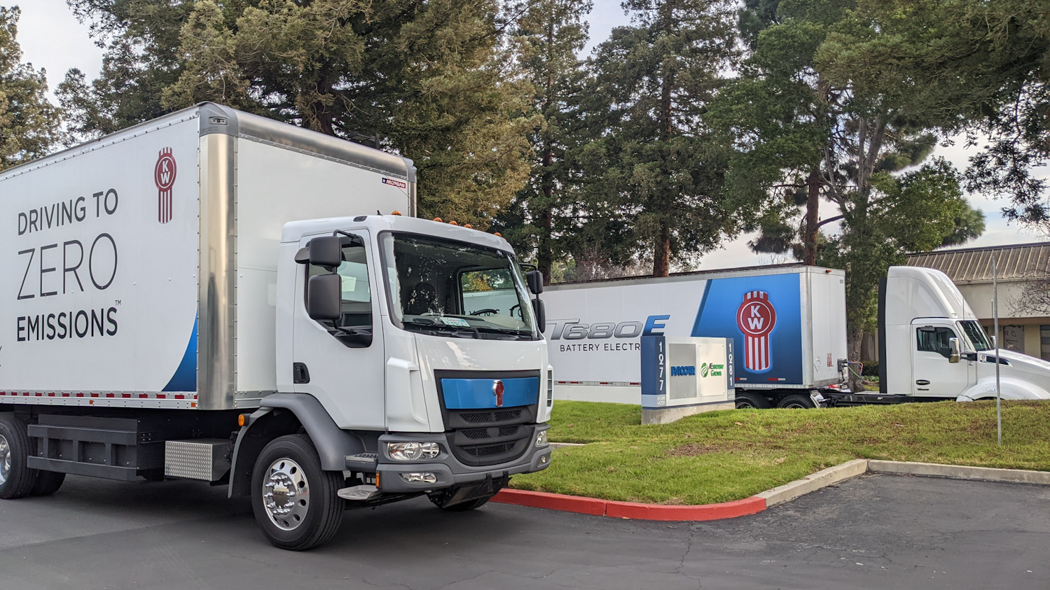 Kenworth shows off its medium-duty K270/K370E, left, and heavy-duty T680E, which are available for order. Kenworth shows off its medium-duty K270/K370E, left, and heavy-duty T680E, which are available for order.