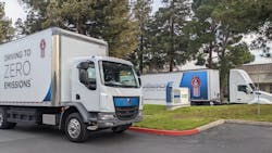 Kenworth shows off its medium-duty K270/K370E, left, and heavy-duty T680E, which are available for order. Kenworth shows off its medium-duty K270/K370E, left, and heavy-duty T680E, which are available for order.