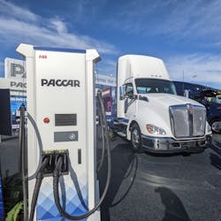 A Paccar Parts EV charging station and an electric Kenworth T680E on the Central Plaza of the Las Vegas Convention Center during CES 2022. A Paccar Parts EV charging station and an electric Kenworth T680E on the Central Plaza of the Las Vegas Convention Center during CES 2022.