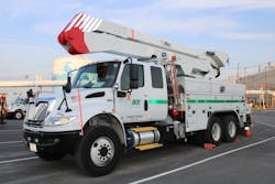 A BGE bucket truck, an International model equipped with an Altec aerial, including the Jobsite Energy Management System (JEMS) integrated plug-in system that uses stored energy to power the aerial device and provide exportable power. A BGE bucket truck, an International model equipped with an Altec aerial, including the Jobsite Energy Management System (JEMS) integrated plug-in system that uses stored energy to power the aerial device and provide exportable power.