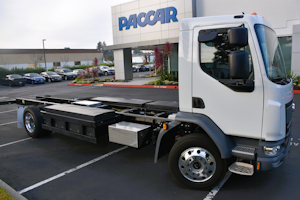The Kenworth K270E truck body chassis sits in front of the Paccar Innovation Center in Sunnyvale, California.