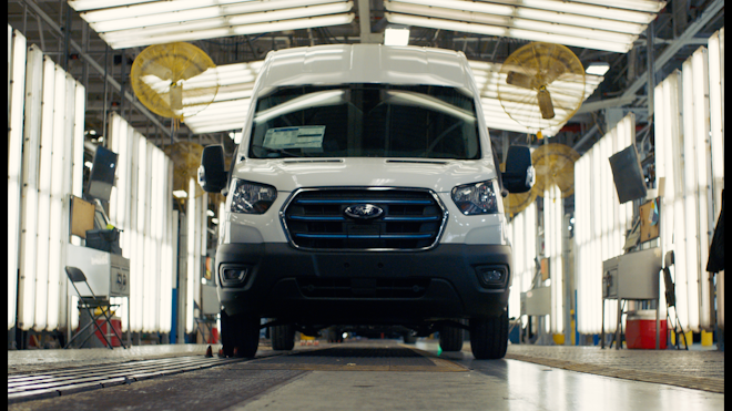 The new E-Transit coming off the assembly line at Ford's Kansas City-area plant.