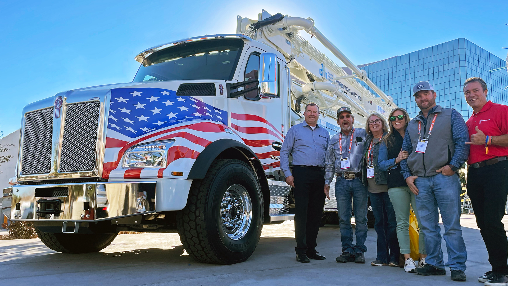 From left: Ken Friesen, chairman of Alliance Concrete Pumps; Kirk Hammack, J.K. Hammack owner, and his wife Diann Hammack; Lindsey Fuller and her husband Cole Fuller, J.K. Hammack project manager; and Harry Mamizuka, NorCal Kenworth president.