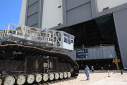 During a practice run, Crawler-Transporter 2 is driven to the Vehicle Assembly Building at NASA&rsquo;s Kennedy Space Center in Florida in 2019.