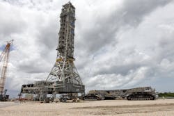 Preparations are underway in this 2018 photo for Crawler-Transporter 2 to move under the mobile launcher at NASA's Kennedy Space Center. Preparations are underway in this 2018 photo for Crawler-Transporter 2 to move under the mobile launcher at NASA's Kennedy Space Center.