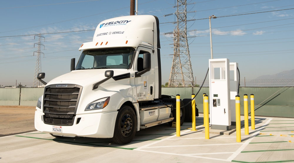 Southern California Edison (SCE), the primary electricity supply company for much of southern California, shows off a Class 8 Freightliner Cascadia charging at a Velocity Truck Centers dealership in 2020.