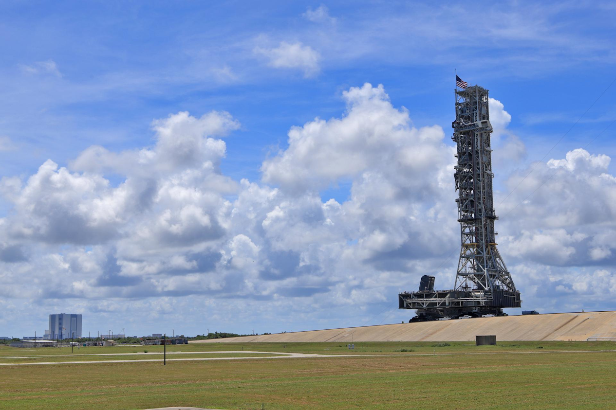 The Crawler-Transporter 2, with NASA&apos;s mobile launcher atop, makes its way to the top of Launch Pad 39B at NASA&apos;s Kennedy Space Center in Florida during a 2019 test run.