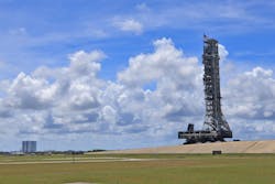 The Crawler-Transporter 2, with NASA&apos;s mobile launcher atop, makes its way to the top of Launch Pad 39B at NASA&apos;s Kennedy Space Center in Florida during a 2019 test run.