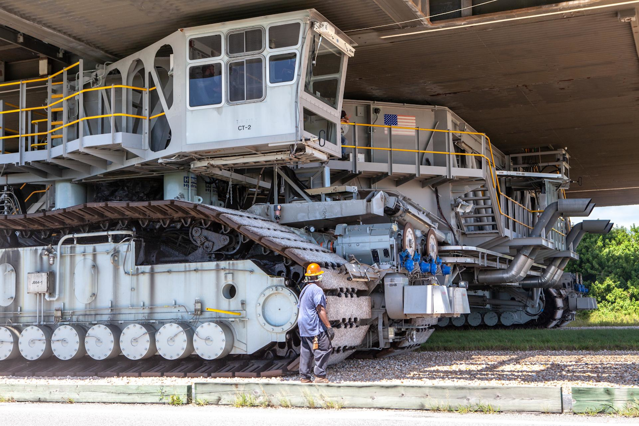 NASA’s mobile launcher atop Crawler-Transporter 2 moves along the Crawlerway in 2019. NASA’s mobile launcher atop Crawler-Transporter 2 moves along the Crawlerway in 2019.