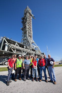 NASA&rsquo;s Kennedy Space Center crawler team, in front of the agency&rsquo;s mobile launcher at Launch Complex 39B in Florida on June 27, 2019.
