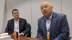 Goodyear's Gary Schroeder, left, and Cary Budzinski speak with FleetOwner during TMC 2022 in Orlando on March 8. Goodyear's Gary Schroeder, left, and Cary Budzinski speak with FleetOwner during TMC 2022 in Orlando on March 8.