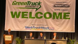 The panelists during a Green Truck Summit session March 8 on the benefits and drawbacks of hydrogen fuel cell-powered trucks at Work Truck Week 2022 in Indianapolis. The panelists during a Green Truck Summit session March 8 on the benefits and drawbacks of hydrogen fuel cell-powered trucks at Work Truck Week 2022 in Indianapolis.