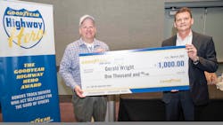Wright is the 37th Goodyear Highway Hero. Along with a check presented by Gary Schroeder, executive director of Cooper Commercial at Goodyear, the company is giving him other custom prizes later during the TMC Annual Meeting, held in Orlando this week.