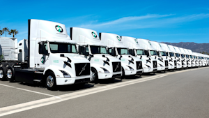 Part of Performance Team's new fleet of Volvo VNR Electrics. The fleet ordered 110 of the Class 8 electrics this month from Volvo Trucks, adding to its purchase of 16 of the EVs last August for its Southern California port drayage and warehouse operations.
