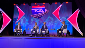 Panelists during Truckload 2022 discussed the realities of autonomous trucking. Pictured (left to right) are Wiley Deck, VP of government affairs and public policy at Plus.ai; Charlie Jatt, head of commercialization for trucking at Waymo; Dima Kislovskiy, VP of truck programs and Aurora; and session moderator Dave Williams, senior VP of equipment and government relations for Knight-Swift Transportation.