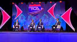Panelists during Truckload 2022 discussed the realities of autonomous trucking. Pictured (left to right) are Wiley Deck, VP of government affairs and public policy at Plus.ai; Charlie Jatt, head of commercialization for trucking at Waymo; Dima Kislovskiy, VP of truck programs and Aurora; and session moderator Dave Williams, senior VP of equipment and government relations for Knight-Swift Transportation.