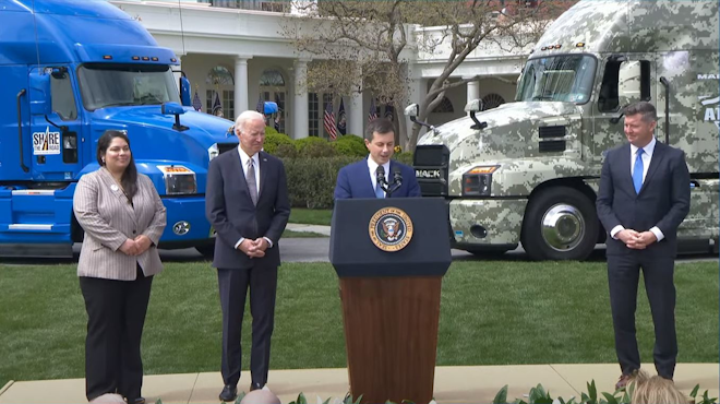 From left, NFI driver apprentice Maria Rodriguez, President Joe Biden, Transportation Secretary Pete Buttigieg, and Veterans Affairs Secretary Patrick Murphy tout trucking apprenticeships during an April 4 White House event.