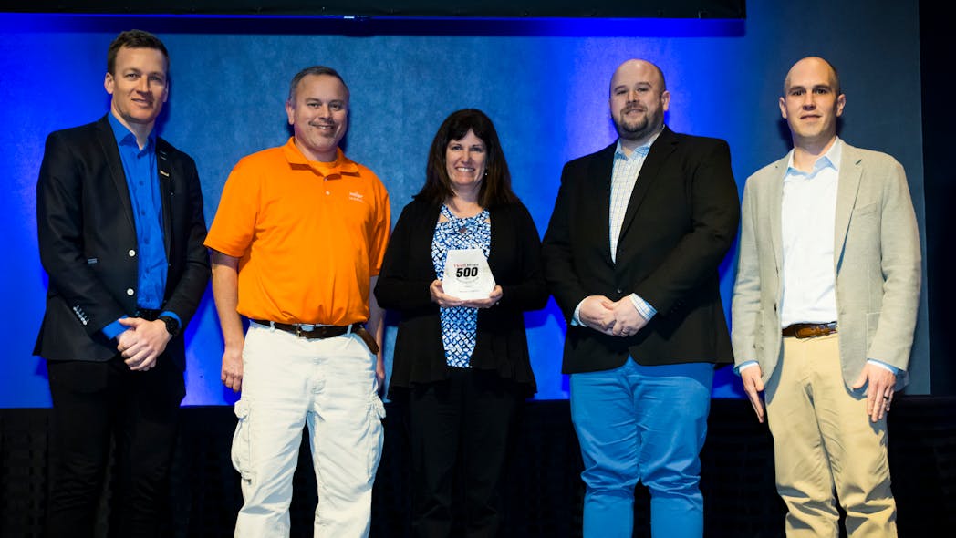 Meijer Logistics was named a 2022 FleetOwner 500 Private Fleet of the Year finalist. Carol Heinowski, the fleet&rsquo;s outbound logistics manager, was joined on stage by lead dispatcher Jeramy Quick and transportation supervisor Bob Amell; along with Jean-Sebastien Bouchard of Isaac Instruments, left, and Josh Fisher of FleetOwner.