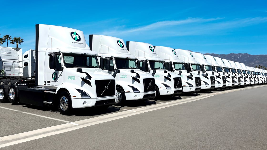 Part of Performance Team&apos;s new fleet of Volvo VNR Electrics. The fleet ordered 110 of the Class 8 electrics this month from Volvo Trucks, adding to its purchase of 16 of the EVs last August for its Southern California port drayage and warehouse operations.