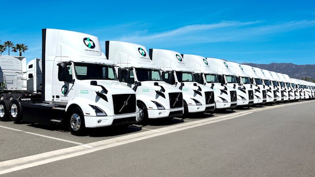 Part of Performance Team&apos;s new fleet of Volvo VNR Electrics. The fleet ordered 110 of the Class 8 electrics this month from Volvo Trucks, adding to its purchase of 16 of the EVs last August for its Southern California port drayage and warehouse operations.