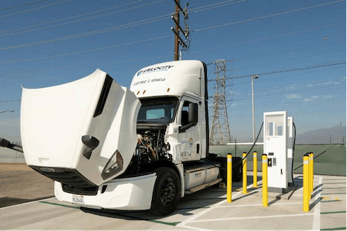 A Freightliner eCascadia Class 8 charges at a Southern California Edison facility in Irwindale, California, on an ABB Terra HP high power charging system.