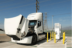 A Freightliner eCascadia Class 8 charges at a Southern California Edison facility in Irwindale, California, on an ABB Terra HP high power charging system. A Freightliner eCascadia Class 8 charges at a Southern California Edison facility in Irwindale, California, on an ABB Terra HP high power charging system.