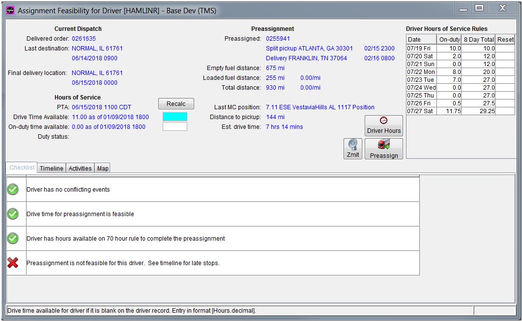 McLeod has a function in its TMS called Feasibility, where planners can look at a load and calculate whether a driver can safely pick up and drop off the load in time. McLeod has a function in its TMS called Feasibility, where planners can look at a load and calculate whether a driver can safely pick up and drop off the load in time.
