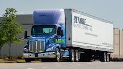 Benore Logistic Systems&apos; first Peterbilt Model 579EV tractor in operations on April 28.