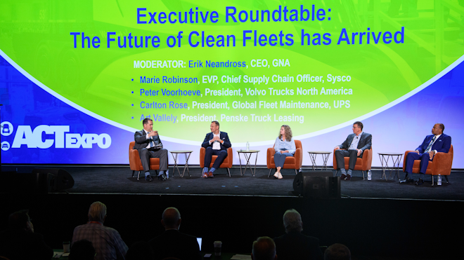 From left, Erik Neandross, GNA CEO; Peter Voorhoeve, VTNA president; Marie Robinson, Sysco's EVP, chief supply chain officer; Art Vallely, Penske Truck Leasing president; and Carlton Rose, UPS president of global fleet maintenance.
