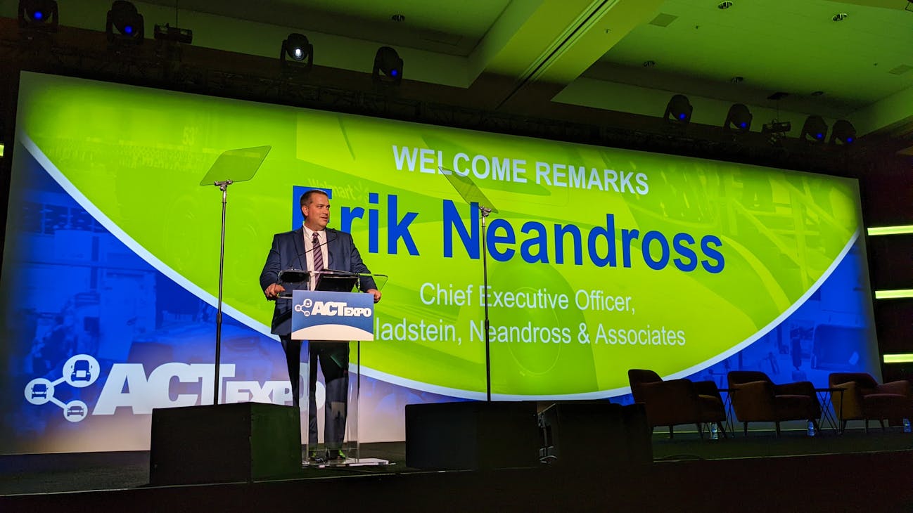 Erik Neandross, CEO of Gladstein, Neandross & Associates, the organizer of ACT Expo, welcomes a record crowd to the 2022 conference in Long Beach, California. Erik Neandross, CEO of Gladstein, Neandross & Associates, the organizer of ACT Expo, welcomes a record crowd to the 2022 conference in Long Beach, California.