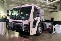Mack&rsquo;s LR Electric refuse vehicle on display during TransEdge Truck Centers&apos; Electric Vehicle Expo in Pittsburgh.