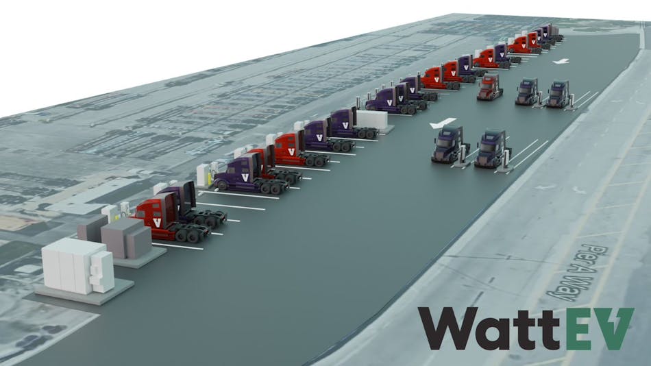 WattEV&rsquo;s Port of Long Beach e-truck charging plaza will initially feature 26 charging bays using combined charging system connectors to provide power at up to 360 kilowatts.