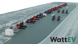 WattEV’s Port of Long Beach e-truck charging plaza will initially feature 26 charging bays using combined charging system connectors to provide power at up to 360 kilowatts. WattEV’s Port of Long Beach e-truck charging plaza will initially feature 26 charging bays using combined charging system connectors to provide power at up to 360 kilowatts.