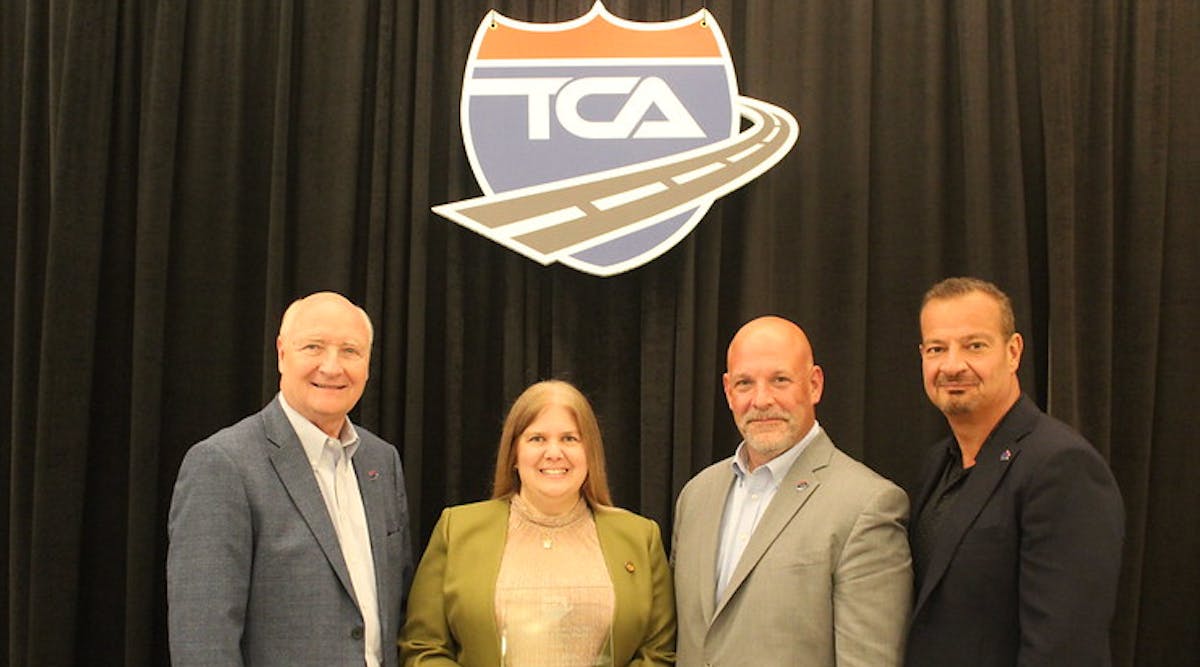 From left: Truckload Carriers Association President Jim Ward; FTC Transportation&apos;s Emory Mills, winner of the 2022 Safety Professional of the Year award; David Heller, TCA&apos;s VP of government affairs; and TCA Chairman and Load One CEO John Elliott.