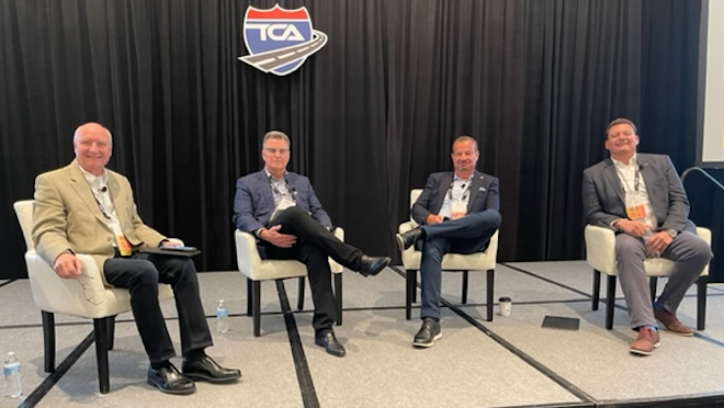 Panelists (from left) for the June 5 Safety as Retention Tool session at TCA's 41st annual Safety & Security Meeting: TCA President Jim Ward; Brent Nussbaum, CEO of Nussbaum Transportation; John Elliott, CEO of Load One; and Rob Penner, president and CEO of Bison Transport.