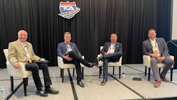 Panelists (from left) for the June 5 Safety as Retention Tool session at TCA's 41st annual Safety & Security Meeting: TCA President Jim Ward; Brent Nussbaum, CEO of Nussbaum Transportation; John Elliott, CEO of Load One; and Rob Penner, president and CEO of Bison Transport. Panelists (from left) for the June 5 Safety as Retention Tool session at TCA's 41st annual Safety & Security Meeting: TCA President Jim Ward; Brent Nussbaum, CEO of Nussbaum Transportation; John Elliott, CEO of Load One; and Rob Penner, president and CEO of Bison Transport.