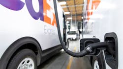 One of the first 150 BrightDrop Zevo 600 electric vehicles delivered to FedEx Corp. awaits a full charge.