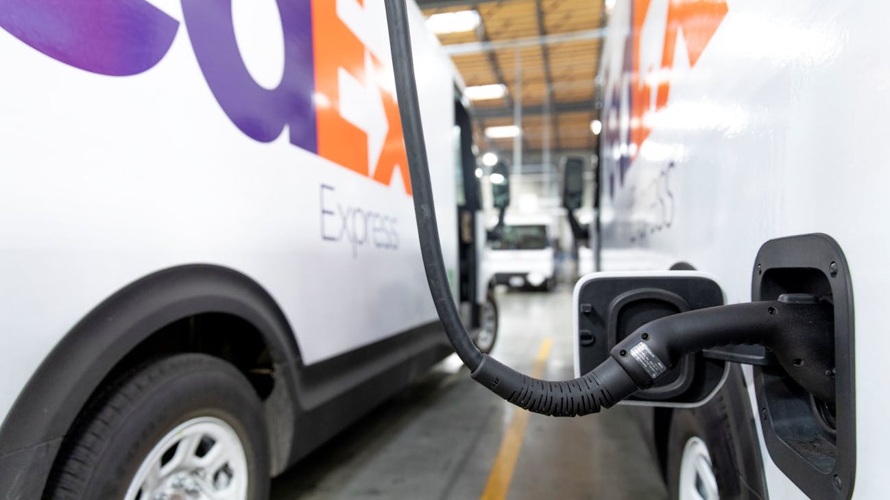 One of the first 150 BrightDrop Zevo 600 electric vehicles delivered to FedEx Corp. awaits a full charge. One of the first 150 BrightDrop Zevo 600 electric vehicles delivered to FedEx Corp. awaits a full charge.