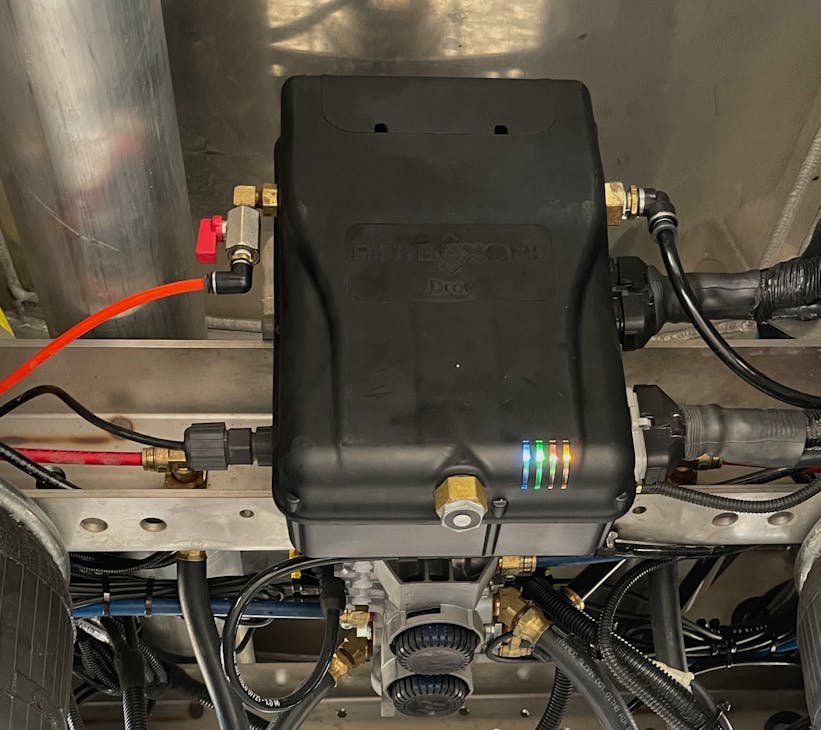 Drōv’s AirBoxOne smart trailer system captures and sends multipoint operational data back to fleets. This particular installation shows the location on the trailer bogey. Drōv’s AirBoxOne smart trailer system captures and sends multipoint operational data back to fleets. This particular installation shows the location on the trailer bogey.