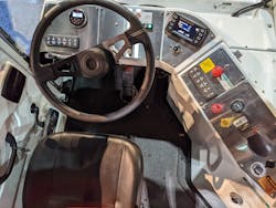 Inside the cab of the Orange EV e-Triever, the OEM&apos;s third-generation battery-electric yard tractor.
