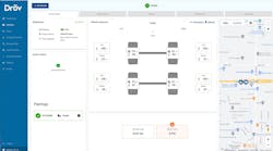 A screen capture from a Drōv Technologies user interface reveals a trailer with super single tires that have active tire pressure management, which inflates and deflates the tire based on the weight on the axles. It also illustrates the pairing of the truck and trailer. A screen capture from a Drōv Technologies user interface reveals a trailer with super single tires that have active tire pressure management, which inflates and deflates the tire based on the weight on the axles. It also illustrates the pairing of the truck and trailer.