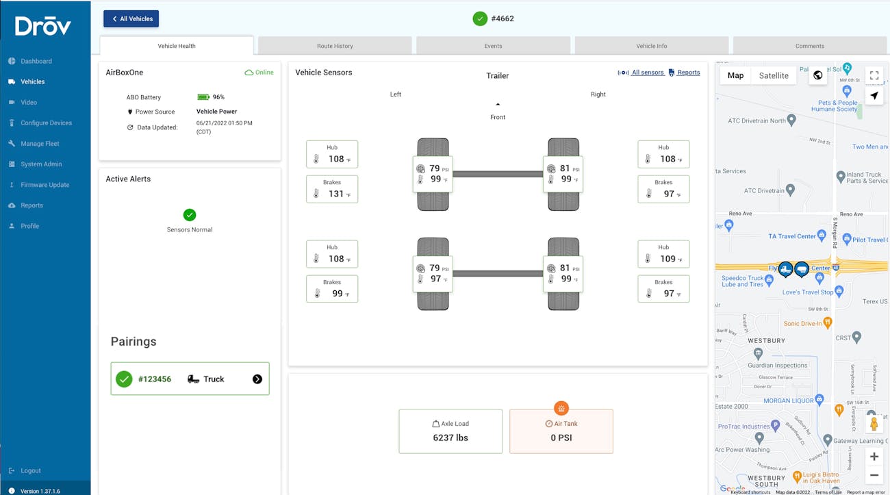 A screen capture from a Drōv Technologies user interface reveals a trailer with super single tires that have active tire pressure management, which inflates and deflates the tire based on the weight on the axles. It also illustrates the pairing of the truck and trailer. A screen capture from a Drōv Technologies user interface reveals a trailer with super single tires that have active tire pressure management, which inflates and deflates the tire based on the weight on the axles. It also illustrates the pairing of the truck and trailer.