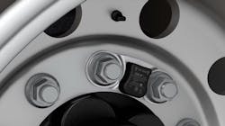 The SKF TraX wheel-end monitoring device mounts directly to the wheel between two lugs. The SKF TraX wheel-end monitoring device mounts directly to the wheel between two lugs.