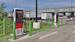 Two Tritium 75-kW DC fast chargers are adjacent to the terminal docks. After a daily run, trained employees drive the vehicles here to charge, and others will retrieve them and return to the dock for loading.
