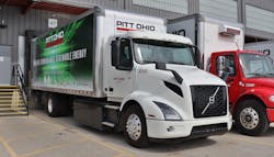 One of Pitt Ohio's two Class 7 Volvo VNR Electrics backed up to the LTL carrier's Cleveland Terminal after a day of pickup and delivery work. One of Pitt Ohio's two Class 7 Volvo VNR Electrics backed up to the LTL carrier's Cleveland Terminal after a day of pickup and delivery work.