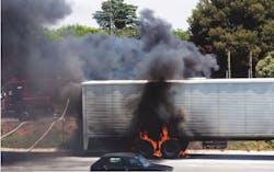Truck wheels on fire on the side of a highway with firefighters on scene to extinguish the blaze. Tire fires are obviously catastrophic. Fire can begin when rubber reaches temperatures of 500 to 550 degrees Fahrenheit. Spontaneous combustion won&rsquo;t occur until 850 to 900 degrees.